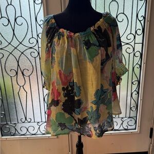 Zac & Rachel Yellow Green Ruffled 3/4 Sleeve Blouse